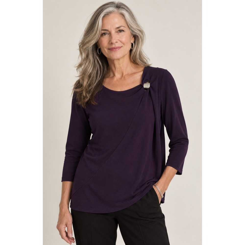 Easywear Chicos Purple Skinky Blouse Office Embellished Neck Womens 2 US Large